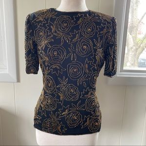 Vintage Stenay Beaded Rose Floral Top Blouse S